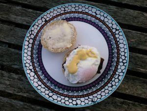huevos benedict - pan uvas y queso