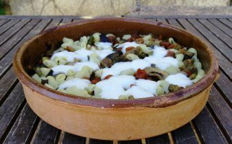 macarrones con verdura - pan uvas y queso